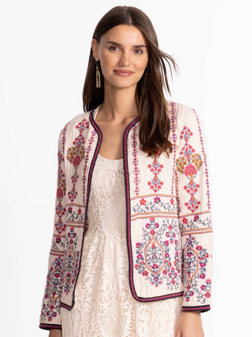 Johnny Was Ivory Quilted Open-Front Jacket with Multicolor Floral Embroidery